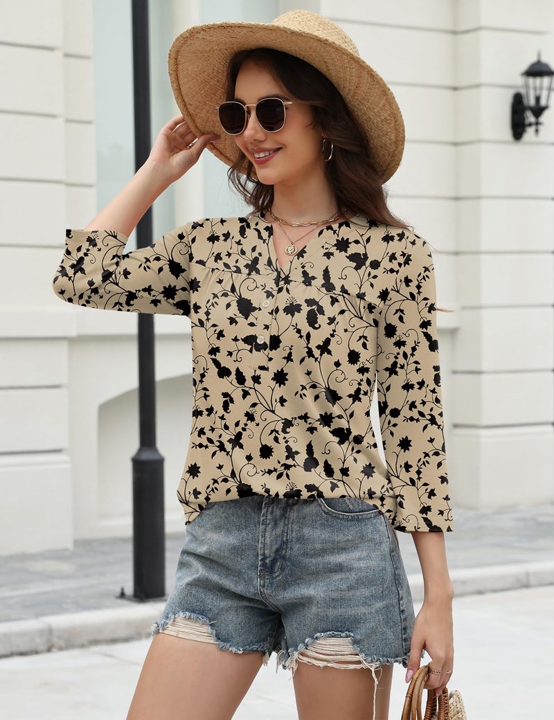 LOMON Womens Tops 3/4 Sleeve V Neck Blouses Button Down Basic Peplum Tunic Casual Summer Teachers Fashion (Beige Black XL) - Image 3
