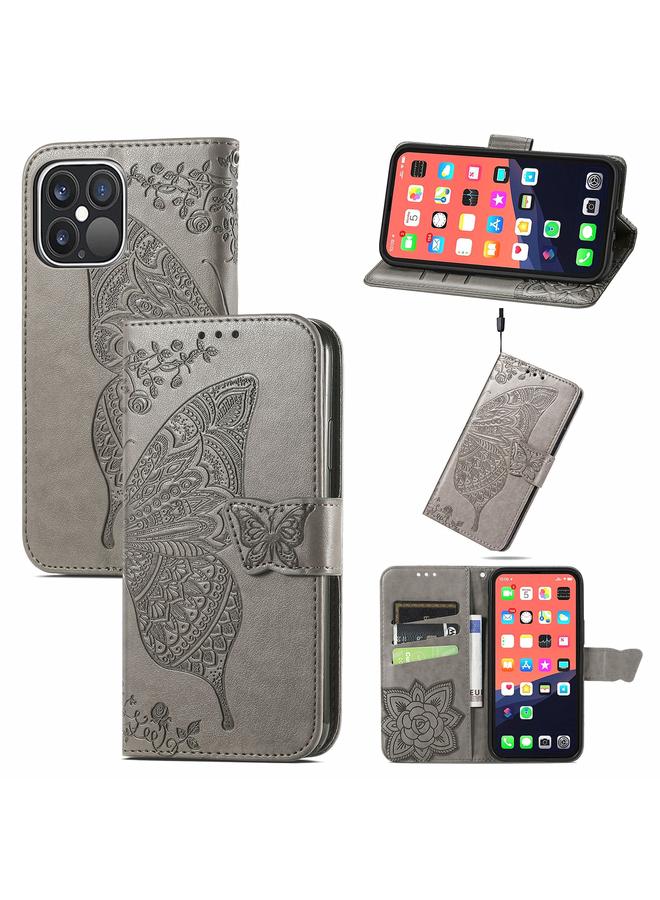 اس-توب جراب لهاتف iPhone 13 Pro Max من الجلد المنقوش بنقشة زهور الفراشة مع حامل / فتحة بطاقة / محفظة / حبل - Image 1