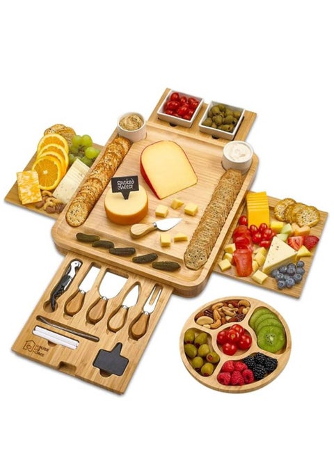 Premium Bamboo Cheese Board With Cutlery Server Set Serving Platter Tray With 2 Fork Spoon & 2 Slate Labels & 2 Chalk Markers & 1Bottle Opener.With Hidden Drawer Comes with 4 Stainless Steel Knives