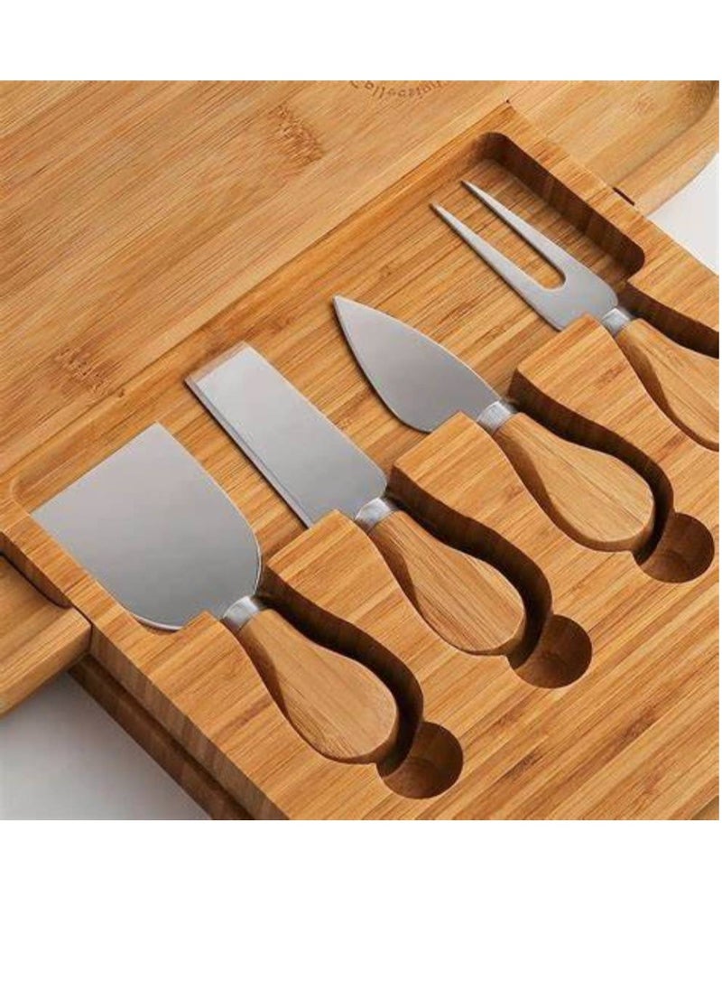 Vitacelli - Premium Bamboo Cheese Board With Cutlery Server Set Serving Platter Tray With 2 Fork Spoon & 2 Slate Labels & 2 Chalk Markers & 1Bottle Opener.With Hidden Drawer Comes with 4 Stainless Steel Knives - Image 1