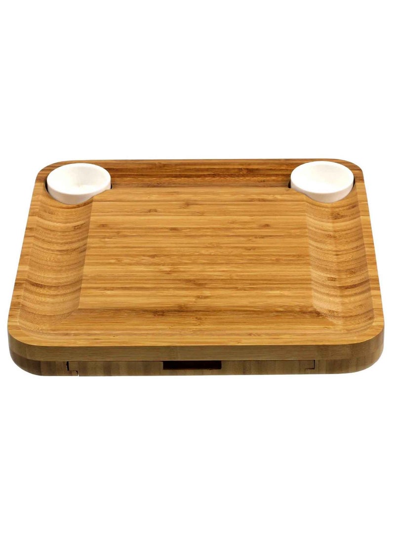 Vitacelli - Premium Bamboo Cheese Board With Cutlery Server Set Serving Platter Tray With 2 Fork Spoon & 2 Slate Labels & 2 Chalk Markers & 1Bottle Opener.With Hidden Drawer Comes with 4 Stainless Steel Knives - Image 1