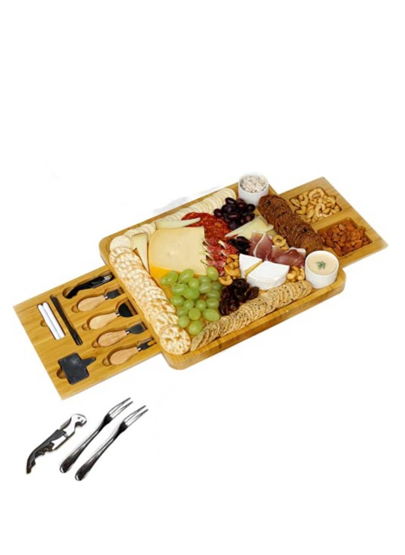 Vitacelli - Premium Bamboo Cheese Board With Cutlery Server Set Serving Platter Tray With 2 Fork Spoon & 2 Slate Labels & 2 Chalk Markers & 1Bottle Opener.With Hidden Drawer Comes with 4 Stainless Steel Knives - Image 1