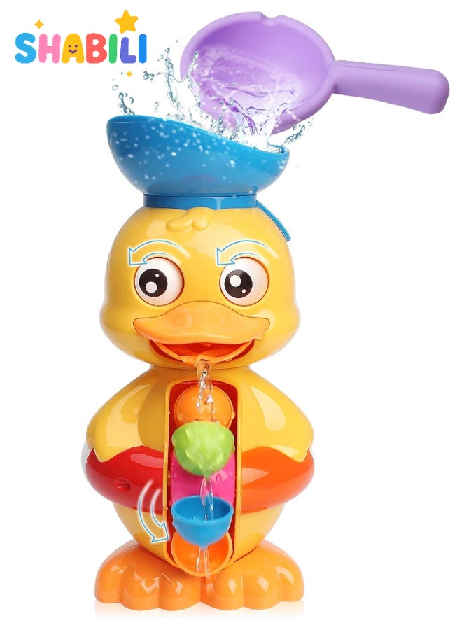 شبيلي لعبة الاستحمام على شكل بطة مع عجلة مياه دوارة وعيون قابلة للدوران، مع أكواب شفط قوية ومجرفة مياه للأطفال من 1-4 سنوات - Image 1
