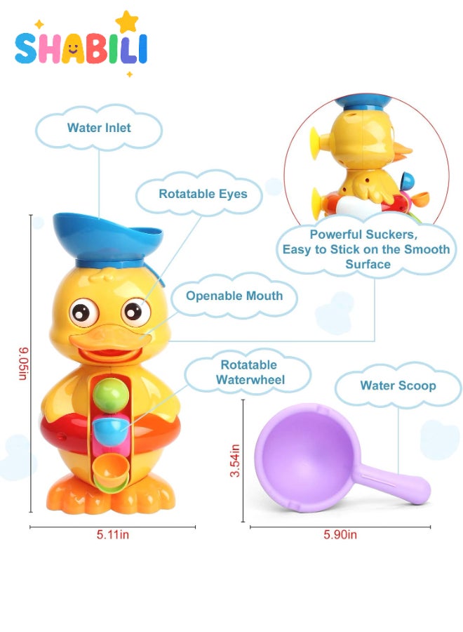 شبيلي لعبة الاستحمام على شكل بطة مع عجلة مياه دوارة وعيون قابلة للدوران، مع أكواب شفط قوية ومجرفة مياه للأطفال من 1-4 سنوات - Image 3