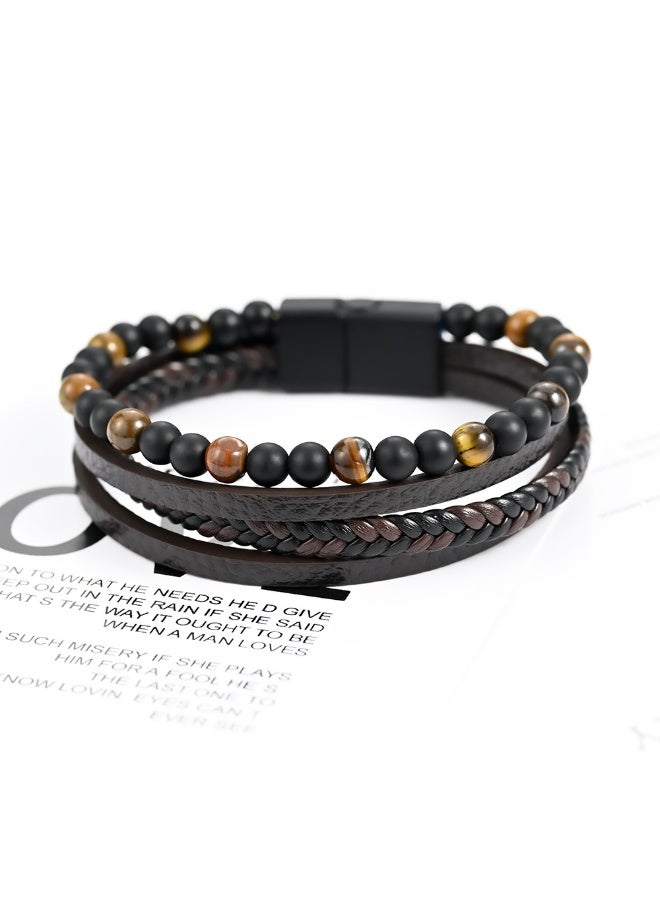 MIRFA Natural Stone Multi-layered Leather Bracelet, Fashionable and Simple, Easy to Wear, Tiger Eye Stone, Obsidian, Perfect for Men  - Image 2