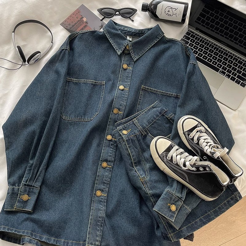 Retro Solid Color Denim Jacket High Waist Mini Skirt Set Womens Fashion Autumn New Style Short Spicy Girl Outfit Combo [two-piece denim jacket + denim skirt 