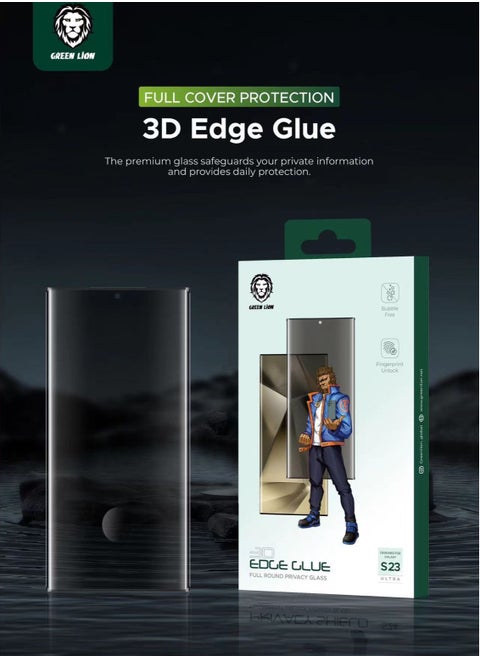 Samsung Galaxy S23 Ultra Screen Protector / 3D Edge Glue Full Round Privacy Glass / Fingerprint Unlock / Bubble Free / Blocked Side Views / Anti Fingerprint / Scratch Resistance / Highly Responsive - Black