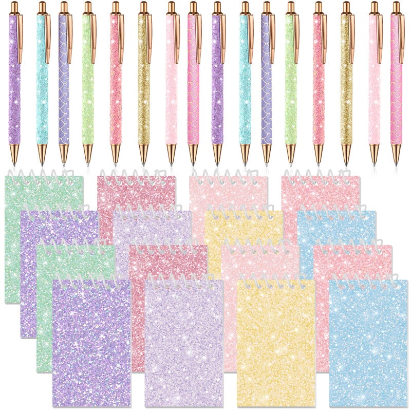 Sherr 32 Pcs Glitter Pens and Notebooks Set Mini Spiral Notepads Fancy Pens for Kids Girls Women Sparkly Sequins Journaling Ballpoint Graduation Congrats Birthday Gift Classroom RewardsClassic Color - Image 2