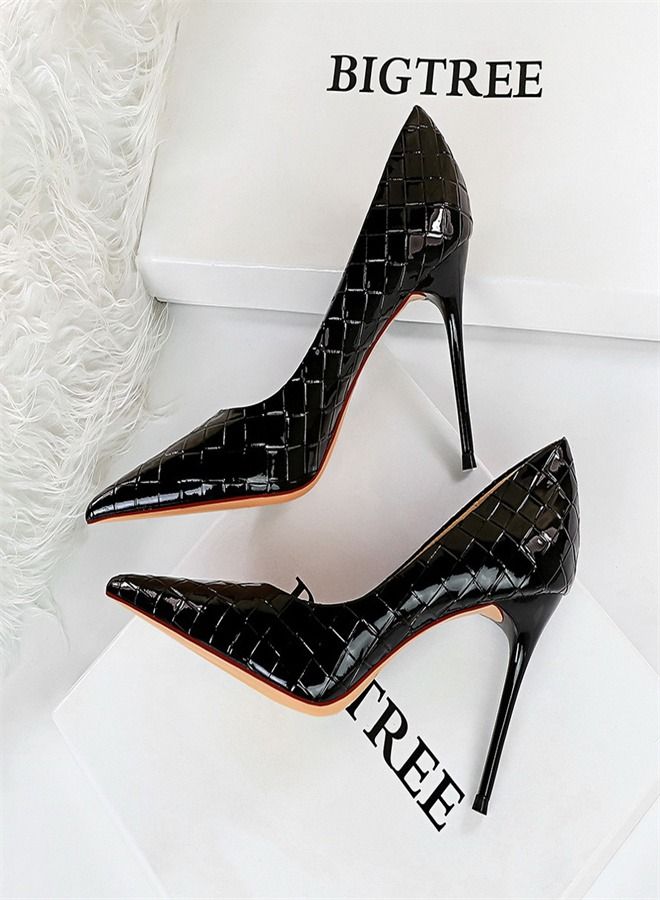 BIGTREE Lacquer Leather Woven High Heels 9.5CM Black  - Image 1