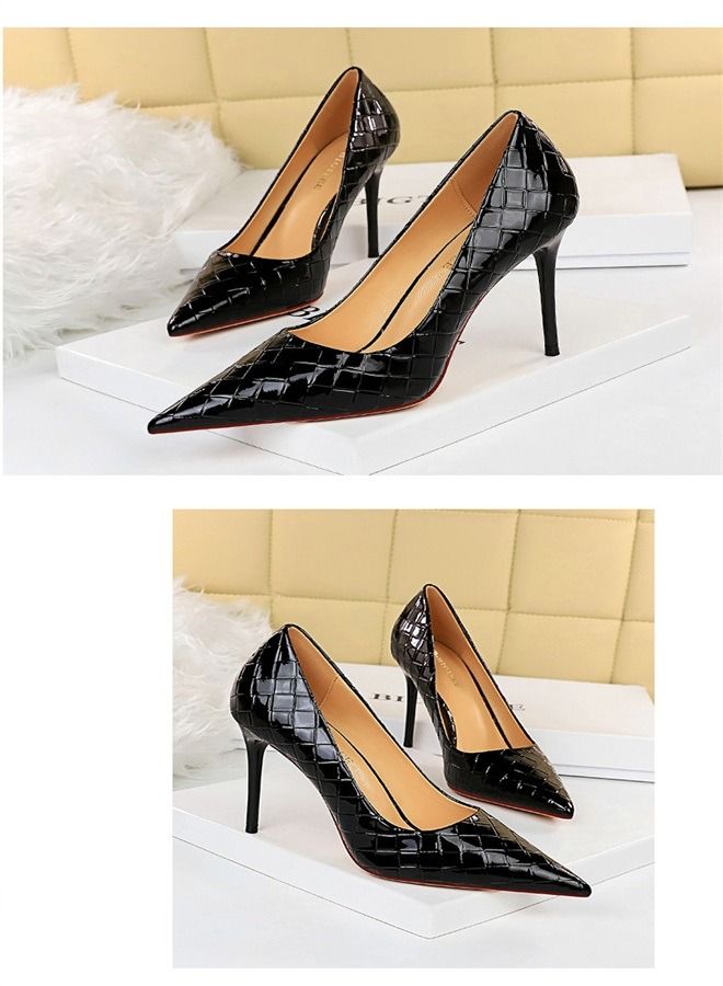 BIGTREE Lacquer Leather Woven High Heels 9.5CM Black  - Image 2
