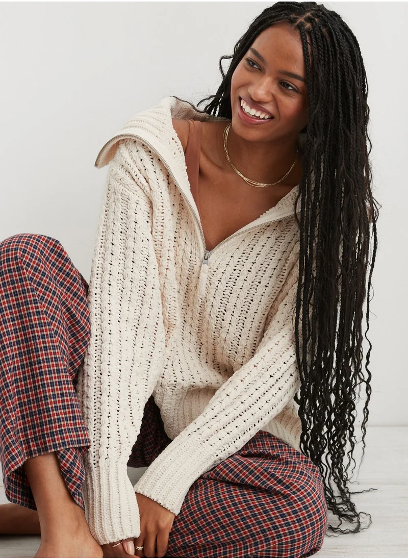 Aerie Quarter Zip Braided Knitted Sweater