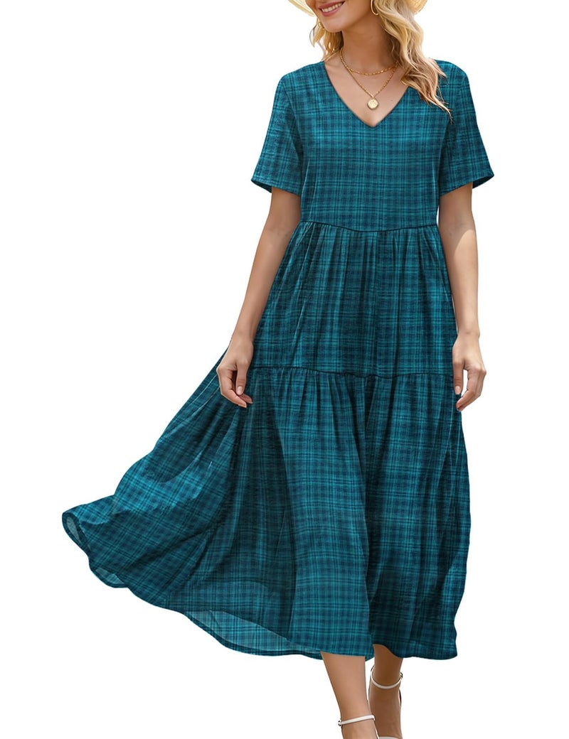 YESNO Women's Summer Maxi Dresses Casual Floral Short Sleeve V Neck Boho Beach Vacation Swing Dress with Pockets 2XL EVF Solid Dark Cyan - Image 1