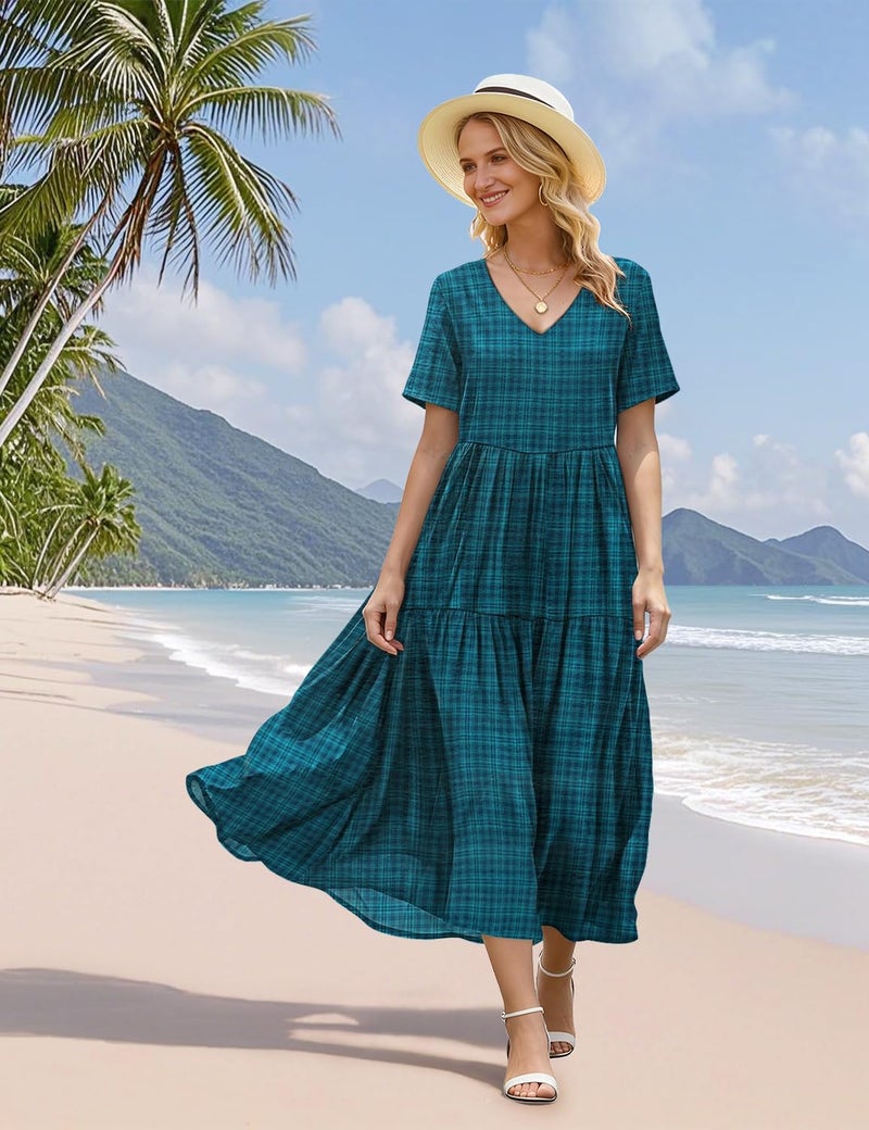 YESNO Women's Summer Maxi Dresses Casual Floral Short Sleeve V Neck Boho Beach Vacation Swing Dress with Pockets 2XL EVF Solid Dark Cyan - Image 5