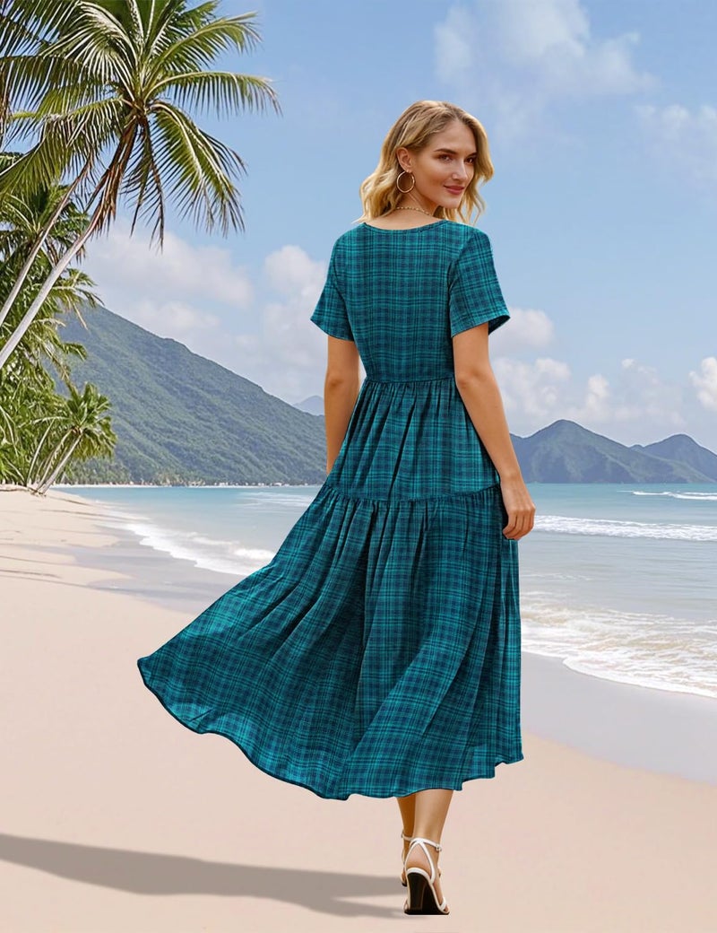 YESNO Women's Summer Maxi Dresses Casual Floral Short Sleeve V Neck Boho Beach Vacation Swing Dress with Pockets 2XL EVF Solid Dark Cyan - Image 4