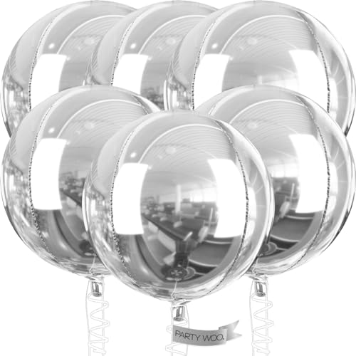 PartyWoo Metallic Silver Foil Balloons 6pcs 32 Inch Large Round Foil Big Giant 4D Jumbo Inflatable Mirror Ball Mylar Balloons for Graduation Birthday Engagement Space Themed Party Decorations - Image 1
