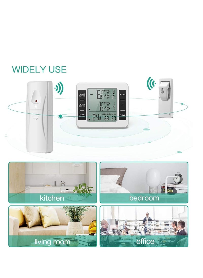 Y&D - Fridge Thermometer, Digital Freezer Thermometer with Indoor Temperature Monitor and 2 Wireless Sensors, Refrigerator 3 Audible Alarm, Min/Max Record for Home, Restaurants - Image 1