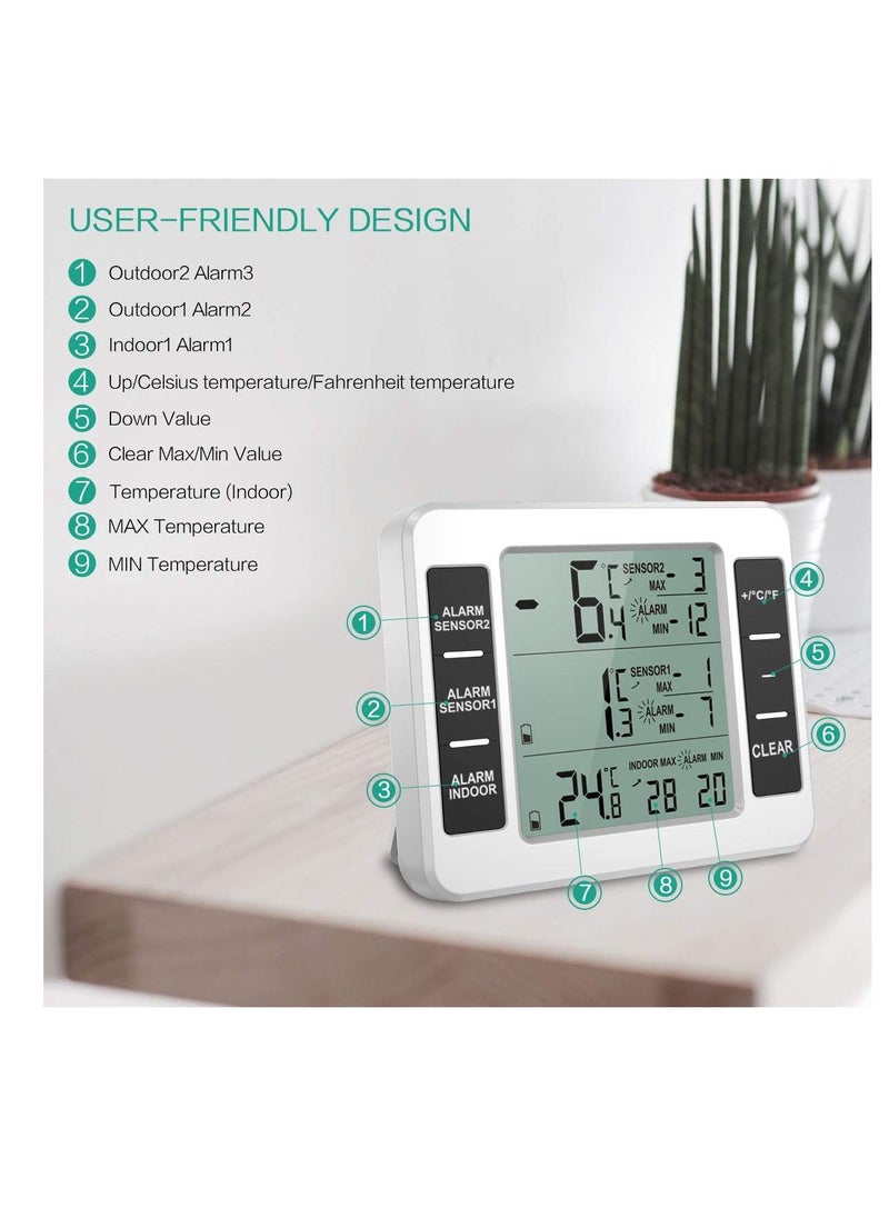 Y&D - Fridge Thermometer, Digital Freezer Thermometer with Indoor Temperature Monitor and 2 Wireless Sensors, Refrigerator 3 Audible Alarm, Min/Max Record for Home, Restaurants - Image 1