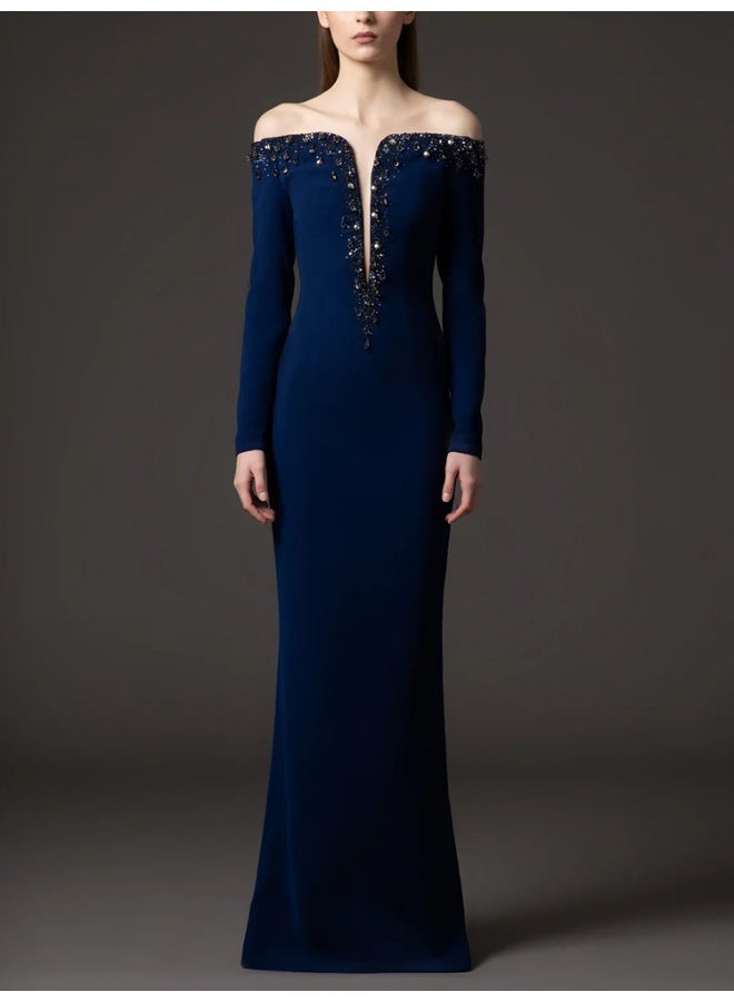 Madam Uniq Off-the-Shoulder Beaded and Rhinestone Embellished Long Dress - Image 1