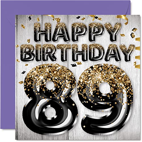 Stuff4 89th Birthday Card for Men - Black & Gold Glitter Balloons - Happy Birthday Cards for 89 Year Old Man Dad Papa Pop Pops Great Grandpa Gran, 5.7 x 5.7 Inch Eighty-Nine Eighty-Ninth Greeting Cards Gift - Image 1