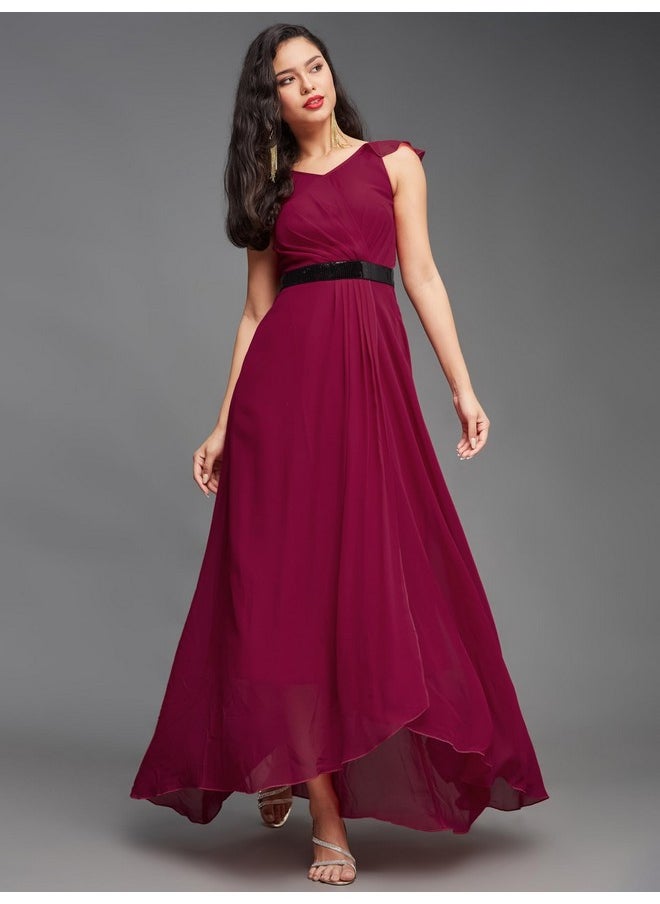 Miss Chase - Miss Chase Women's V-Neck Ruffled Sleeve Solid Embellished Maxi Dress with Pockets (MCAW21D06-17-23-05, Dark Pink, L) - Image 1