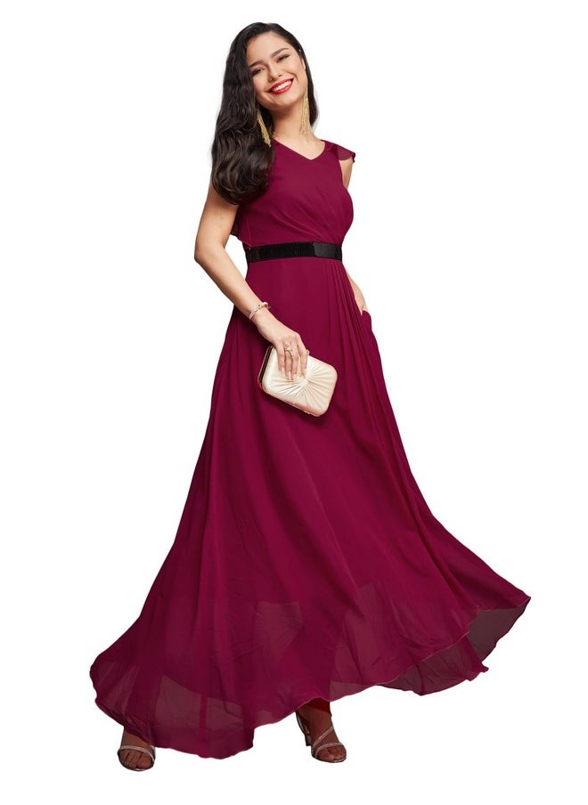 Miss Chase - Miss Chase Women's V-Neck Ruffled Sleeve Solid Embellished Maxi Dress with Pockets (MCAW21D06-17-23-05, Dark Pink, L) - Image 1