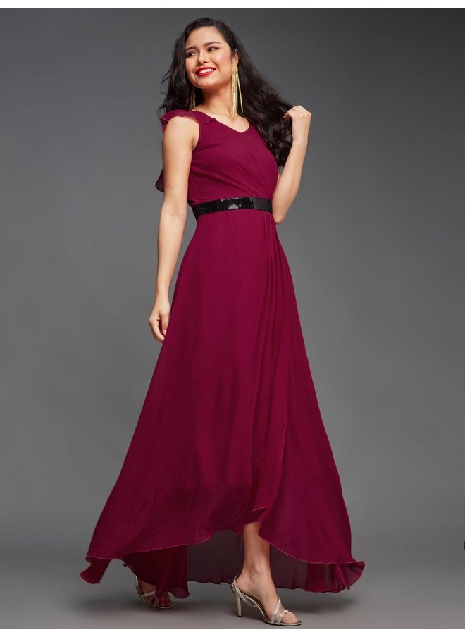 Miss Chase - Miss Chase Women's V-Neck Ruffled Sleeve Solid Embellished Maxi Dress with Pockets (MCAW21D06-17-23-05, Dark Pink, L) - Image 1