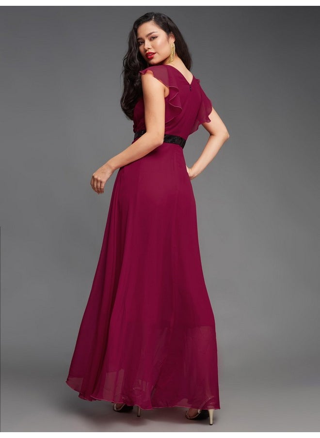 Miss Chase - Miss Chase Women's V-Neck Ruffled Sleeve Solid Embellished Maxi Dress with Pockets (MCAW21D06-17-23-05, Dark Pink, L) - Image 1