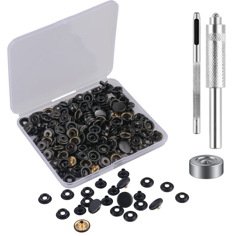 MSDADA 18 Sets Press Studs Cap Button MSDADA Stainless Steel Snap Fasteners Kit with Hand Fixing Tools Instant Metal Buttons NoSew Clips Snap for Bags Jeans Clothes Fabric Leather CraftBlack