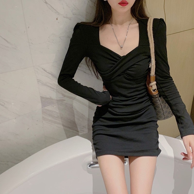 French Style Light Mature Style Square Collar Pleated Long-Sleeved dress Womens Autumn and Winter Elegant Slim-Fit Inner Base Shirt Hip Skirt Premium gray - Image 2