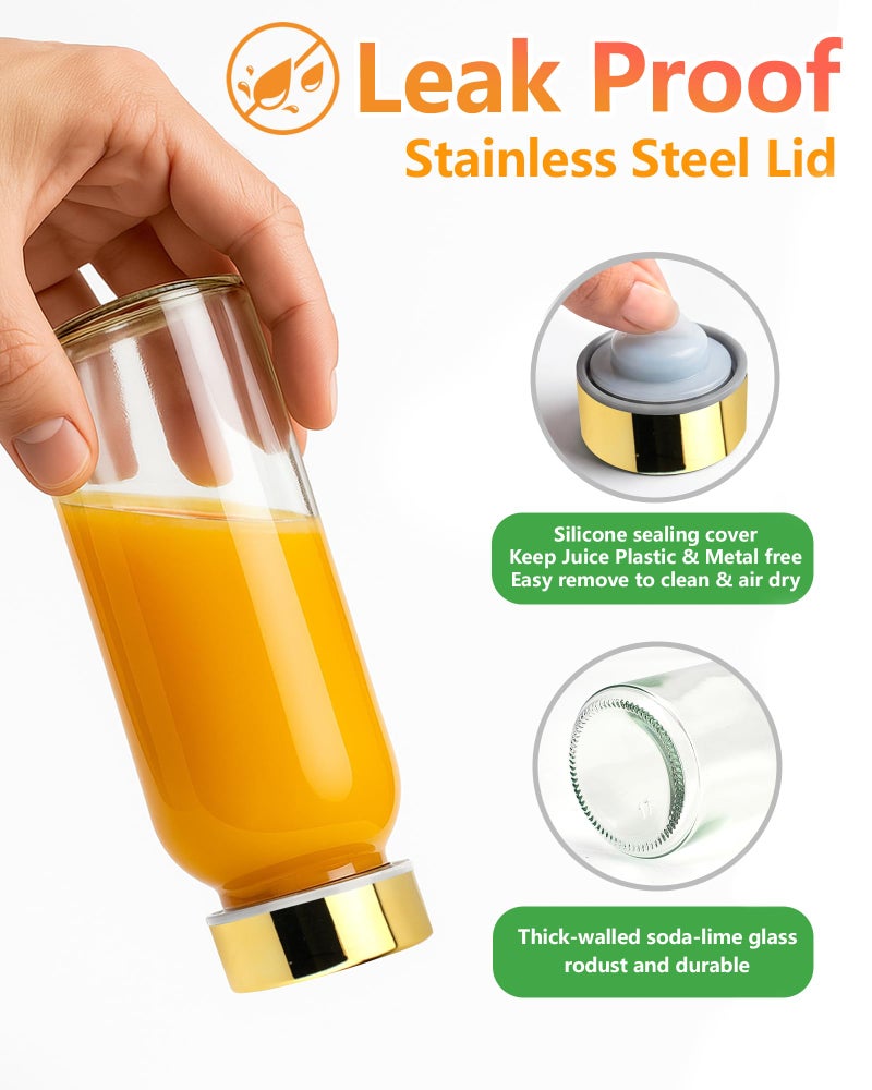 Zukro Glass Water Bottles with Gold Lids 10.5 oz, 6 Pack Clear Reusable Glass Small Juice Bottles for Juicing, Milk, Ginger Shot, Stainless Steel Cap, BPA-Free Leak Proof 300ml Drinking Container Jar - Image 2