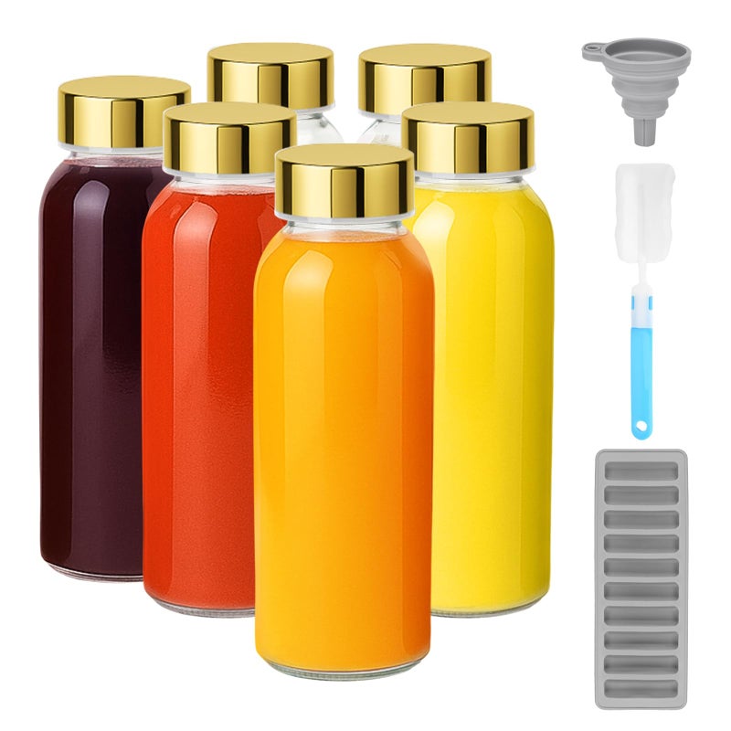 Zukro Glass Water Bottles with Gold Lids 10.5 oz, 6 Pack Clear Reusable Glass Small Juice Bottles for Juicing, Milk, Ginger Shot, Stainless Steel Cap, BPA-Free Leak Proof 300ml Drinking Container Jar - Image 1
