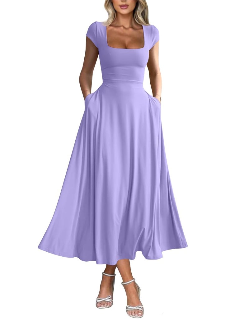 YMDUCH Women's Casual Short Sleeve Square Neck Solid Slim Flowy Maxi Dress with Pockets Violet - Image 1