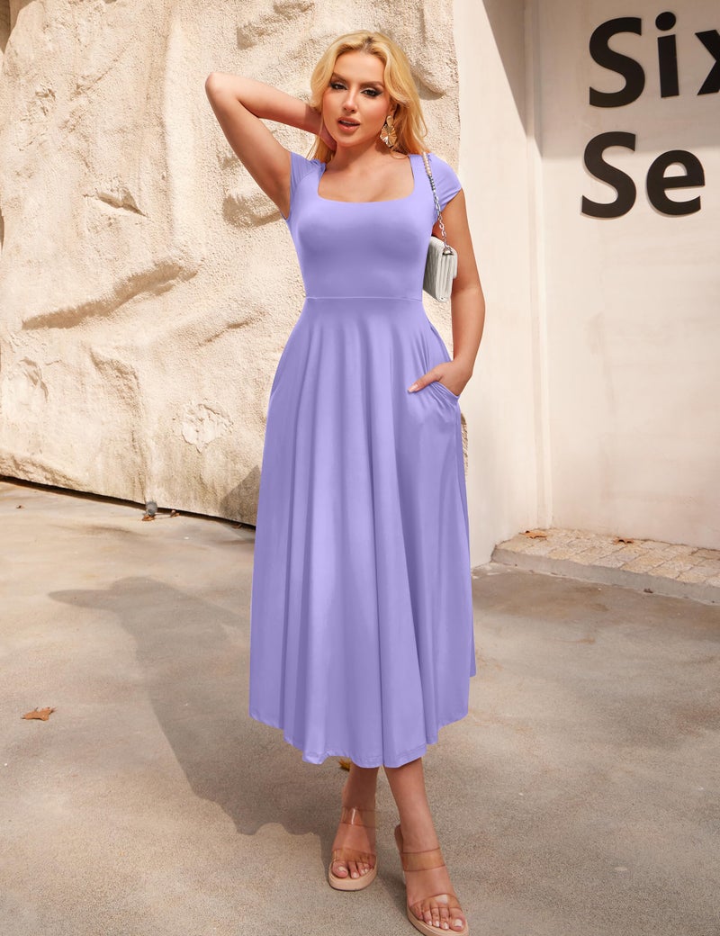 YMDUCH Women's Casual Short Sleeve Square Neck Solid Slim Flowy Maxi Dress with Pockets Violet - Image 5