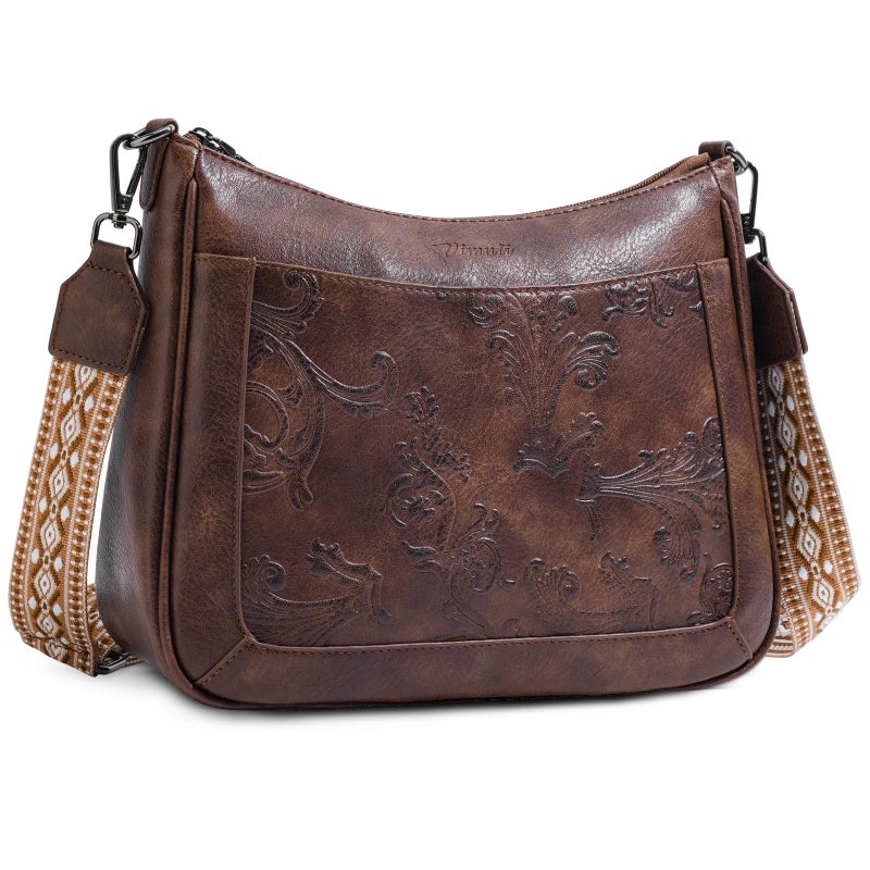 VIMUTI Crossbody Bags for Women,Vegan Leather Crossbody Purse with Adjustable Strap Embossed Flower Women's Shoulder Handbags (02-Coffee) - Image 1