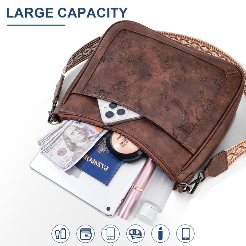 VIMUTI Crossbody Bags for Women,Vegan Leather Crossbody Purse with Adjustable Strap Embossed Flower Women's Shoulder Handbags (02-Coffee) - Image 4