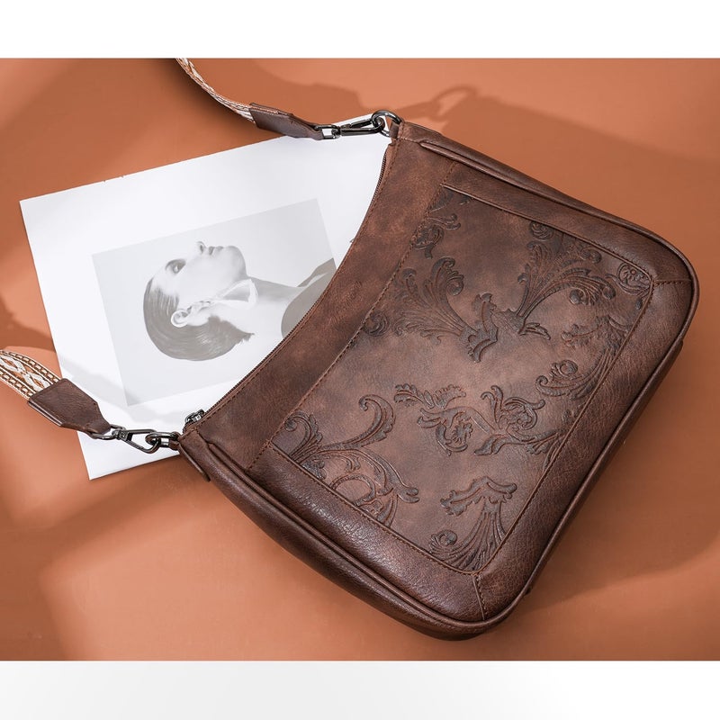 VIMUTI Crossbody Bags for Women,Vegan Leather Crossbody Purse with Adjustable Strap Embossed Flower Women's Shoulder Handbags (02-Coffee) - Image 3