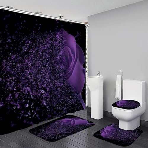 Yddsky 4 Pcs Purple Rose Shower Curtain Sets with Rugs Black Bathroom Sets with Shower Curtain and Rugs Modern Bathroom Curtains Shower Set with Toilet Lid Cover for Women Bathroom Decor Accessories - Image 1