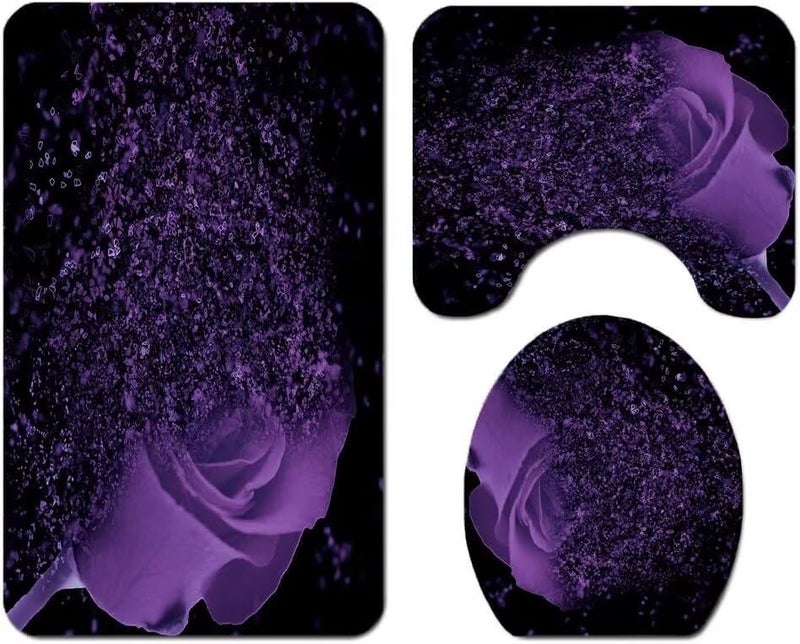 Yddsky 4 Pcs Purple Rose Shower Curtain Sets with Rugs Black Bathroom Sets with Shower Curtain and Rugs Modern Bathroom Curtains Shower Set with Toilet Lid Cover for Women Bathroom Decor Accessories - Image 4
