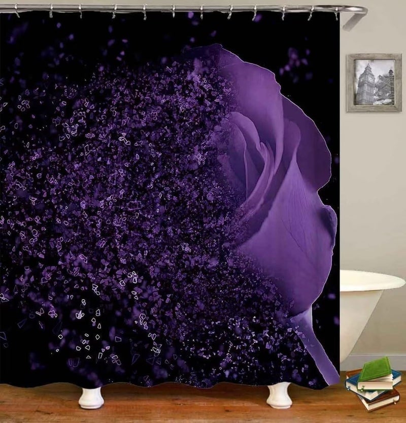 Yddsky 4 Pcs Purple Rose Shower Curtain Sets with Rugs Black Bathroom Sets with Shower Curtain and Rugs Modern Bathroom Curtains Shower Set with Toilet Lid Cover for Women Bathroom Decor Accessories - Image 2