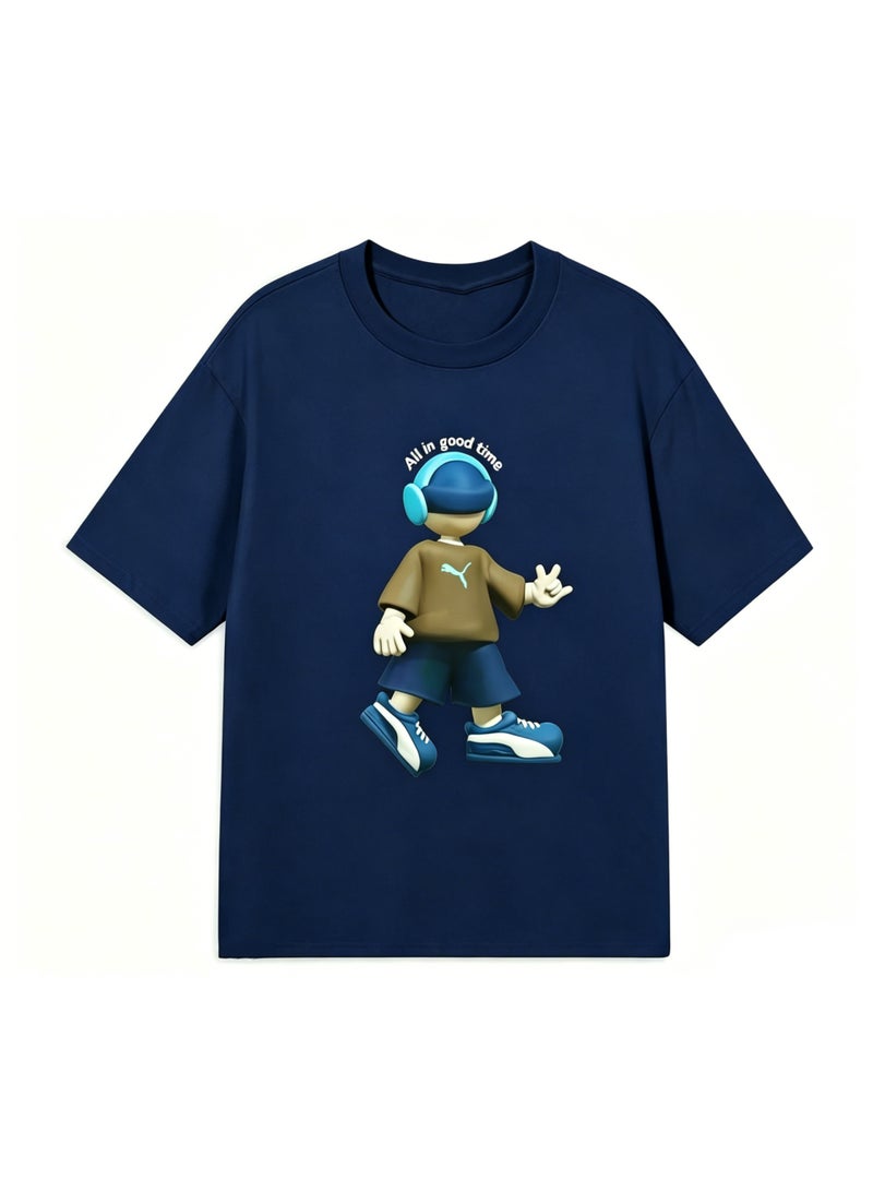 Puma "All in Good Time" 3D Cartoon Character Cotton Navy T-Shirt-XXXXL - Image 3