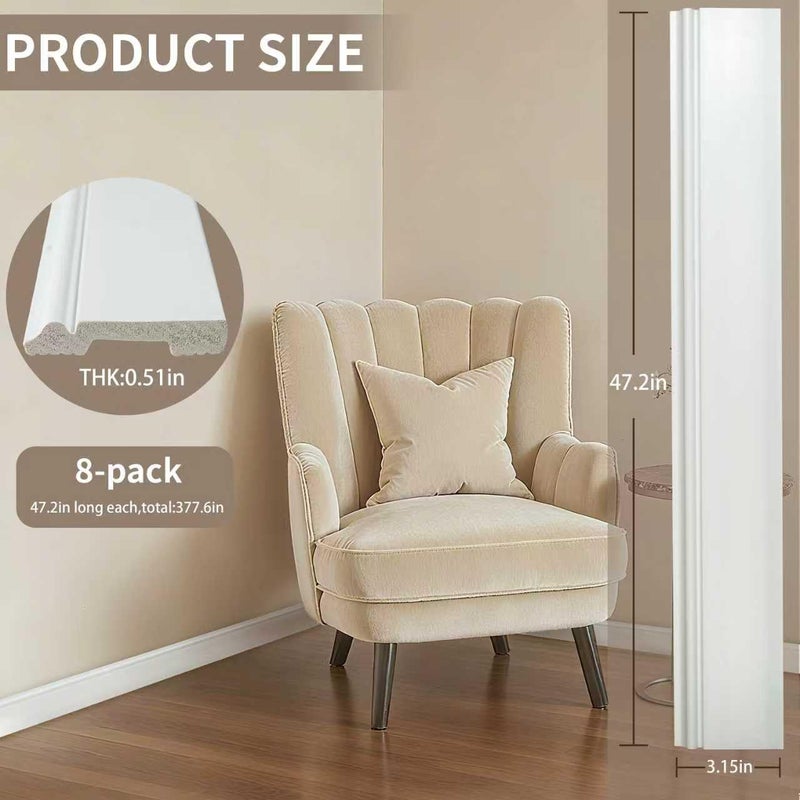 BOBIBAN 8 Pcs Wall Baseboard Molding Trim 47.2 x 3.15 in, High Impact Polystyrene Waterproof Skirting Board for Home Decor, Installed with Glue Not Include(8PC) - Image 2