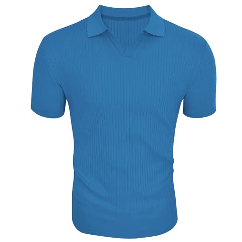 Gnvviwl Men's Muscle V Neck Polo Shirts Slim Fit Short Sleeve Cotton Golf T-Shirts Ribbed Knit Soft Tees Blue - Image 2