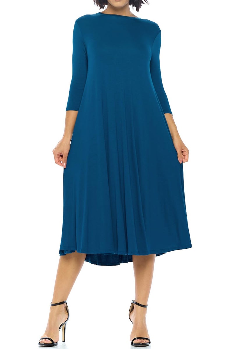iconic luxe Women's Swing Midi Dress – 3/4 Sleeve Flowy A-Line Tunic – Soft, Stretchy, Comfortable, and Versatile Casual Dress for Everyday Wear Large Dark Teal - Image 3