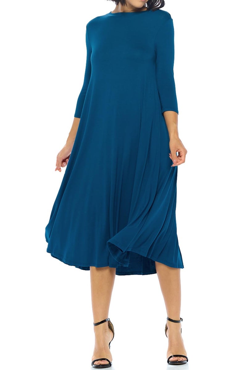 iconic luxe Women's Swing Midi Dress – 3/4 Sleeve Flowy A-Line Tunic – Soft, Stretchy, Comfortable, and Versatile Casual Dress for Everyday Wear Large Dark Teal - Image 2