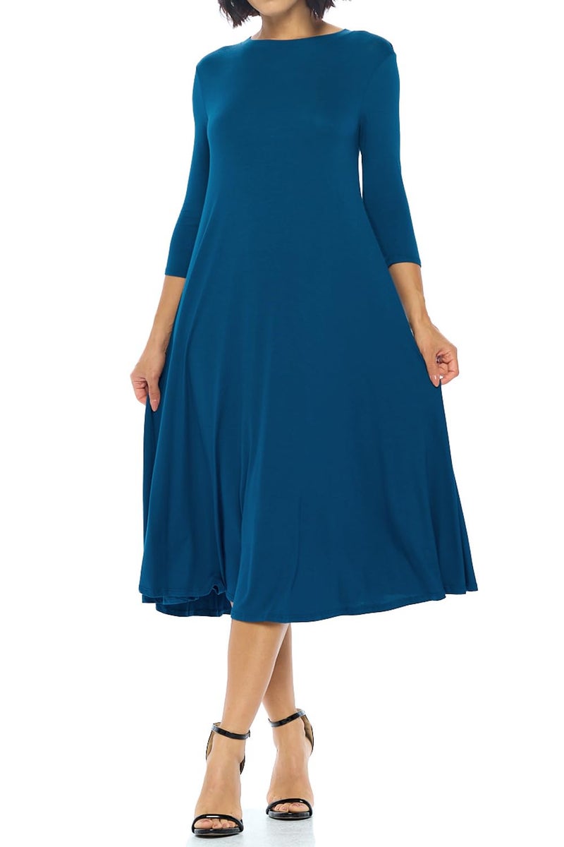 iconic luxe Women's Swing Midi Dress – 3/4 Sleeve Flowy A-Line Tunic – Soft, Stretchy, Comfortable, and Versatile Casual Dress for Everyday Wear Large Dark Teal - Image 1