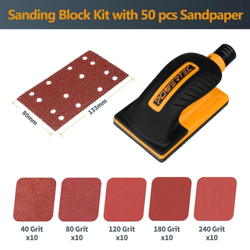 POWERTEC BLOCK الرمل VACUUM POWERTEC مع منفذ جمع الغبار بقطر 1" وورق صنفرة بخطاف وحلقة (40، 80، 120، 180، 240 حبيبات 10 كل منها) لأعمال النجارة، أداة صنفرة خالية من الغبار لهيكل السيارة، الطلاء، الجدران الجافة (71514) - Image 5