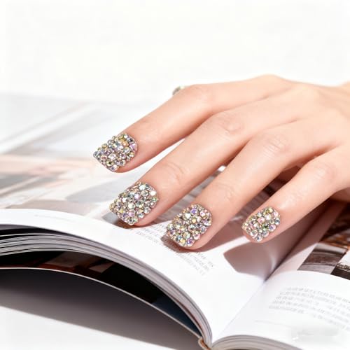 Elevenail 24pcs Handmade 3D Rhinestones Press On Nails Square Short Nails Women Girls Gifts Salon Manicure Shiny Crystal Nail Art Tips Fake Nails Reusable Acrylic False Nails - Image 5