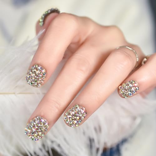 Elevenail 24pcs Handmade 3D Rhinestones Press On Nails Square Short Nails Women Girls Gifts Salon Manicure Shiny Crystal Nail Art Tips Fake Nails Reusable Acrylic False Nails - Image 1