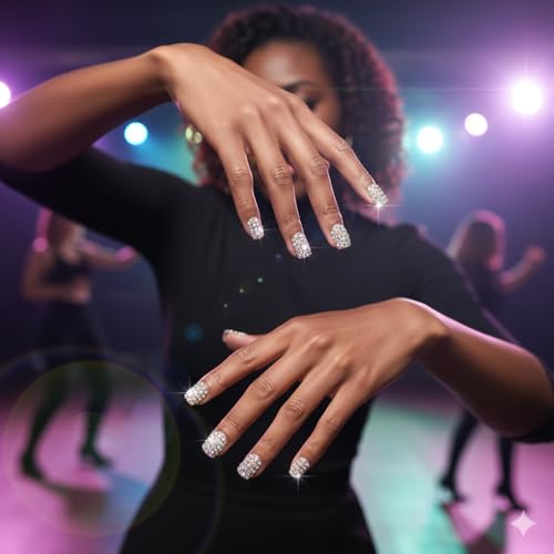 Elevenail 24pcs Handmade 3D Rhinestones Press On Nails Square Short Nails Women Girls Gifts Salon Manicure Shiny Crystal Nail Art Tips Fake Nails Reusable Acrylic False Nails - Image 4