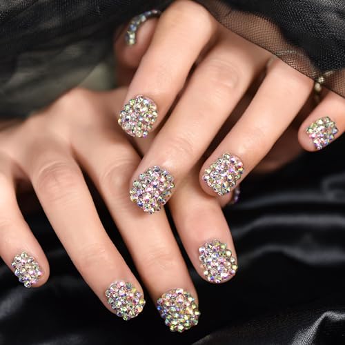 Elevenail 24pcs Handmade 3D Rhinestones Press On Nails Square Short Nails Women Girls Gifts Salon Manicure Shiny Crystal Nail Art Tips Fake Nails Reusable Acrylic False Nails - Image 2